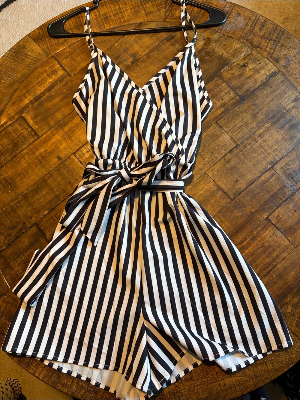 Black & White Striped Wrap Romper with Self-Tie Belt